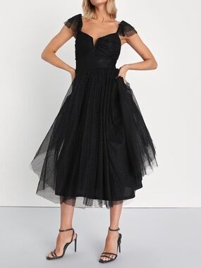 Lulus Flirtatious Feeling Black Tulle Flutter Sleeve A-line Midi Dress - Size M